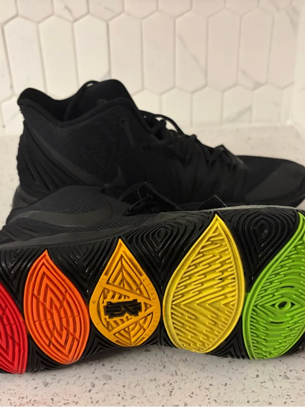 Nike Kyrie 5 Black High-Top Basketball Sneakers with Rainbow soles - Picture 2 of 5